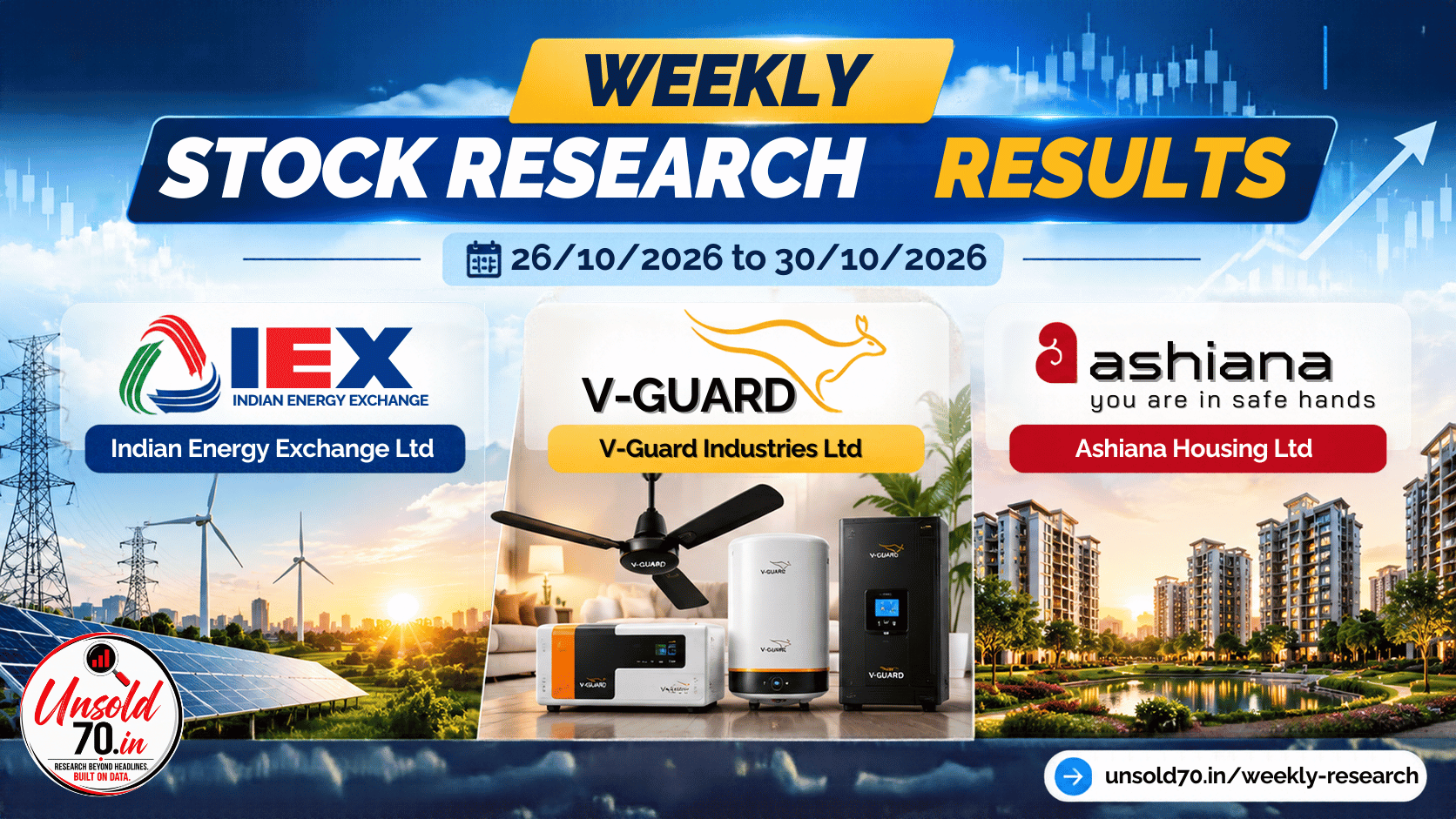 Unsold70 weekly stock research results for 26–30 October 2026 featuring Indian Energy Exchange Ltd, V-Guard Industries Ltd and Ashiana Housing Ltd.